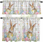 Kitchen Curtains Tiers and Valance Set of 3, Easter Light Filtering Window Curtain Set, Spring Rabbit Eggs Blooms Flowers Leaf Grey Plaid Rod Pocket Curtain Drapes for Living Room, 36 Inches Tiers