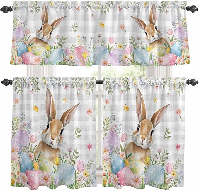 Kitchen Curtains Tiers and Valance Set of 3, Easter Light Filtering Window Curtain Set, Spring Rabbit Eggs Blooms Flowers Leaf Grey Plaid Rod Pocket Curtain Drapes for Living Room, 36 Inches Tiers