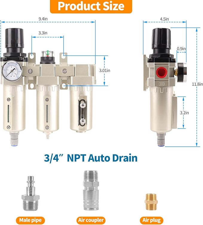 3/4" NPT Industrial Grade 3 Stage Air Compressor Drying System, 0-240 PSI, Particulate & Coalescing Filters, Auto Drain Air Compressor Water Separator System Filter Oil for Paint Spray＆ Plasma Cutter