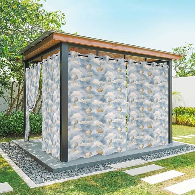 Hot Air Balloons Outdoor Curtains for Patio Fantasy Spaceship Cartoon Vintage Waterproof Outside Curtains with Grommet Top Weatherproof Curtain for Cabana Pergola Gazebo, 1 Panel, 54" W x 84" L