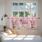 Easter Tier Curtains, Spring Rabbit Eggs Flowers Flags Leaves Wood Grain Light Filtering Kitchen Curtains, 2Pcs Rod Pocket Half Window Treatments Panels for Sink Cafe Cabinet Camper 27.5x24 Inches