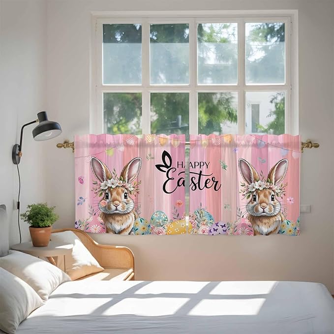 Easter Tier Curtains, Spring Rabbit Eggs Flowers Flags Leaves Wood Grain Light Filtering Kitchen Curtains, 2Pcs Rod Pocket Half Window Treatments Panels for Sink Cafe Cabinet Camper 27.5x36 Inches