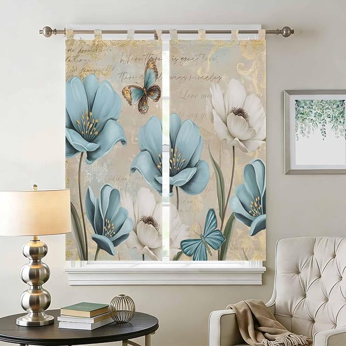 Spring Flowers Bedroom Curtains 72 Inch Length, Window Curtains Tab Top, Vintage Rustic Tulips Floral Butterfly Khaki Light Filtering Window Treatments Drapes 52"x72" 2 Panel