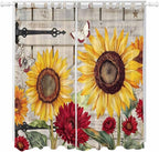 Red Yellow Sunflowers Living Room Curtains 84 Inch Length, Window Curtains Tab Top, Retro Rustic Barn Doors Butterfly Brown Light Filtering Window Treatments Drapes 52"x84" 2 Panel