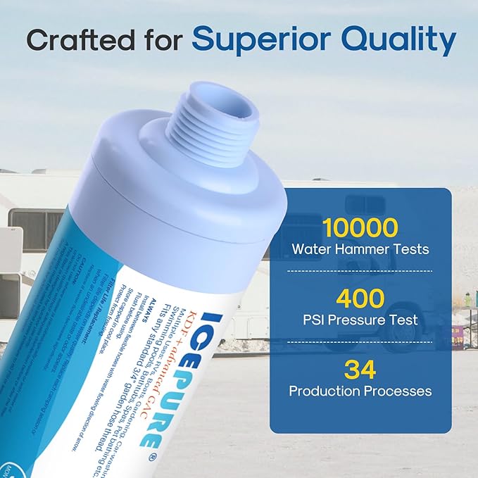ICEPURE Inline Water Filter for Hose on RV Garden Pool Camper Marine Boat for Drinking, Car Washing, Gardening, Planting, Spa, Reduces Chlorine, Bad Taste, Odors, with 1 flexible hose protector, 1PACK