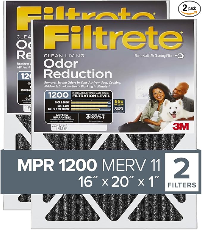 Filtrete 16x20x1 Air Filter, MPR 1200, MERV 11, Allergen Defense Odor Reduction 3-Month Pleated 1-Inch Air Filters, Pack of 2