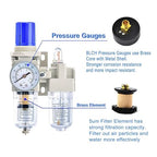 BLCH 1/4" NPT Air Compressor Water Separator - Air Pressure Regulator Compressed Air Filter Regulator Lubricator Combo AC2010-02 Manual Drain Poly Bowl Gauge 0-160 PSI 5μm Brass