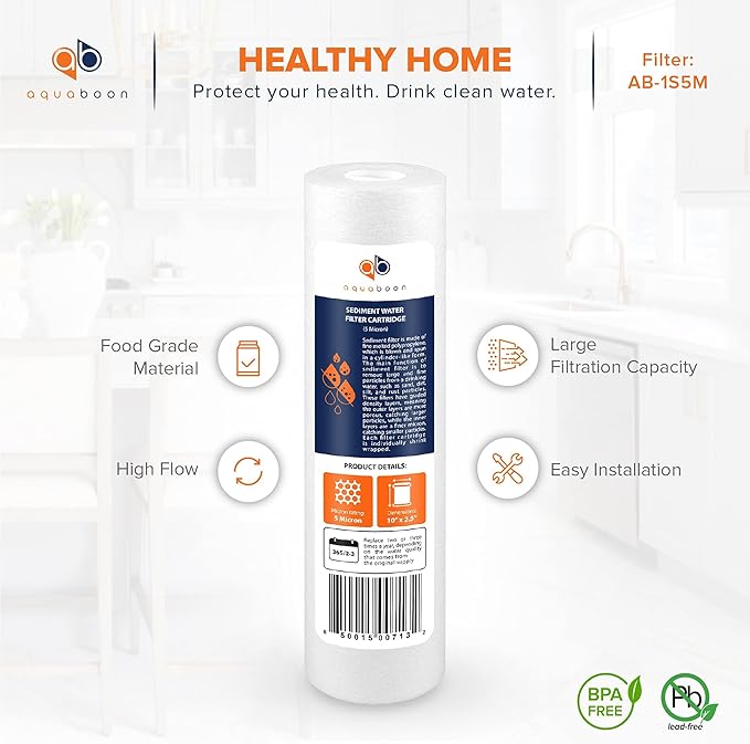 Aquaboon 5 Micron 10 x 2.5 Sediment Filter - Whole House Water Filter Replacement Compatible with Well Water Filters - P5, AP110, WHKF-GD05, 6 Pack