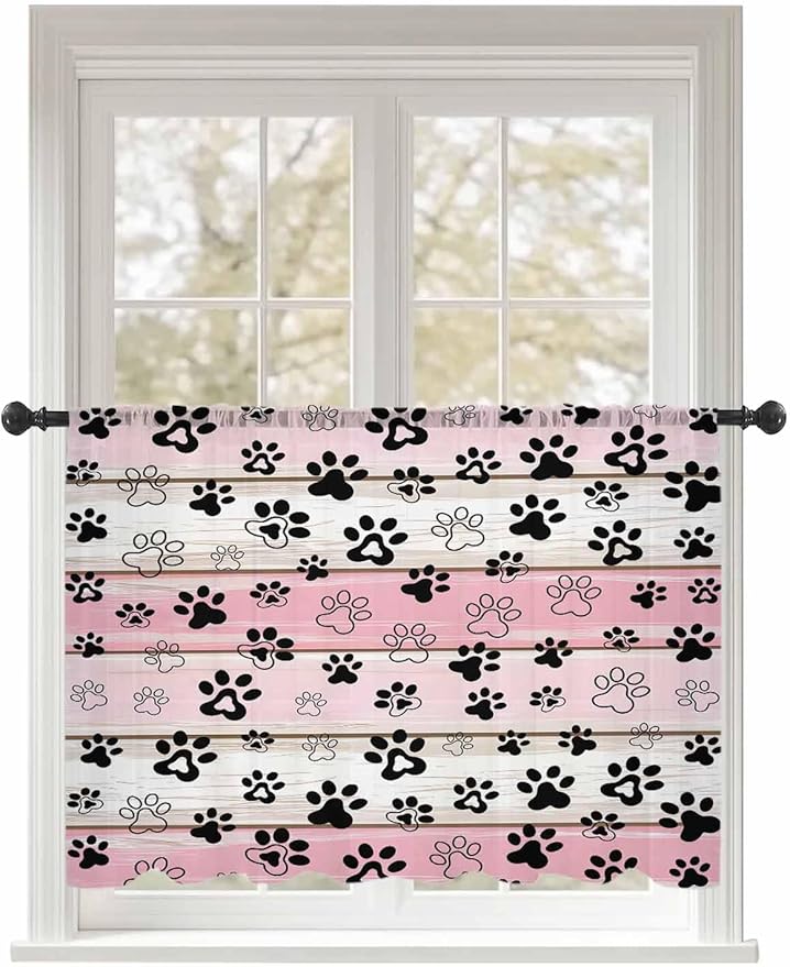 Sheer Curtains 45 Inch Length, Pink Beige Paw Print Semi Sheer Curtains Light Filtering Window Treatment, Vintage Farmhouse Country Wooden Grain Privacy Voile Drapes for Living Room Bedroom 52x45 Inch