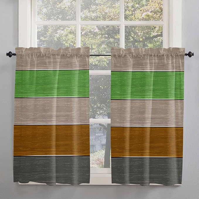 Farm Gray Green Brown Wood Grain Window Valance Curtains, Rustic Wooden Plank Light Filtering Kitchen Valance with 3-inch Rod Pocket for Living Room Bathroom Bedroom,2 Panel,52x54In