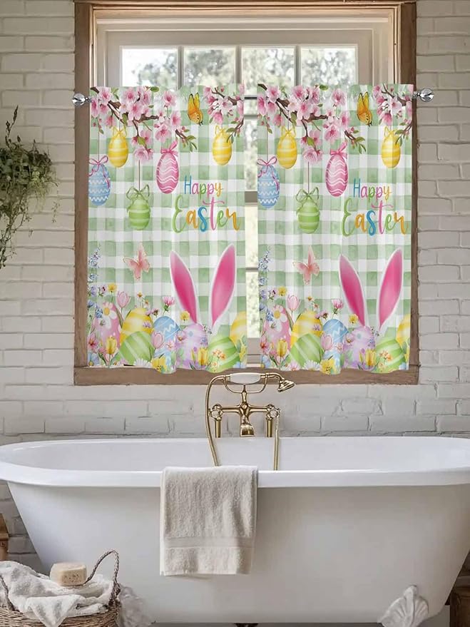 Happy Easter Kitchen Curtains 45 Inches length, Spring Bunny Eggs Flower Sage Green Plaid Window Treatment Curtain Drapes, Lightweight Window Panels for Living Room Bedroom, 52"x45", 2 Panels