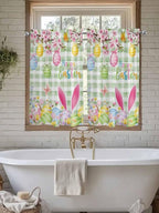 Happy Easter Tier Curtains 45 Inches Long, Spring Bunny Eggs Flower Sage Green Plaid Window Treatment Curtain Drapes, Window Half Privacy Curtains for Bedroom Bathroom, 42"x45", 2 Panels