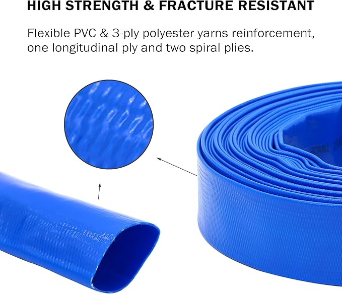 DAVCO 3" x 50 ft Pool Backwash Hose, Heavy Duty Reinforced Blue PVC Lay Flat Water Discharge Pump Hoses For Swimming Drain Pools and Clean Filters,with 1 Clamp