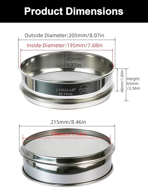 All 304 Stainless Steel 80 Mesh Test Sieve (0.18mm), 8 Inch/20cm Diameter, Powder Sifter & Lab Strainer, Fine Mesh Screen for Dry Spices, Lab Testing & Fine Particles