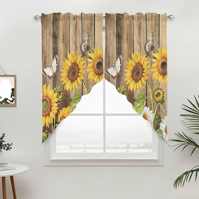 Farmhouse Sunflowers Swag Valances for Windows, Rustic Floral Buttterfly Wood Board Brown Rod Pocket Kitchen Curtains Valance, Small Window Curtains Swag for Cafe Living Room, 2 Panels, 36x36 inch
