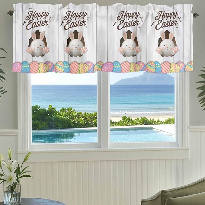Grey Easter Curtain Valances for Windows, Kitchen Valance Window Treatment, Spring Cartoon Bunny Colorful Eggs Wood Grain Light Filtering Block Curtains for Bathroom/Bedroom/Living Room 42'' x 18''