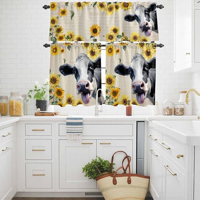 Kitchen Curtains Tiers and Valance Set of 3, Cow Sunflowers Light Filtering Window Curtain Set, Country Vintage Animals Floral Leaves Rod Pocket Curtain Drapes for Cafe, Living Room, 36 Inches Tiers