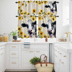 Kitchen Curtains Tiers and Valance Set of 3, Cow Sunflowers Light Filtering Window Curtain Set, Country Vintage Animals Floral Leaves Rod Pocket Curtain Drapes for Cafe, Living Room, 36 Inches Tiers