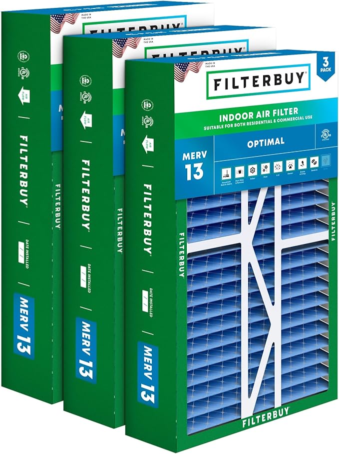 Filterbuy 16x25x5 Air Filter MERV 13 Optimal Smoke & Allergy Defense (3-Pack), Pleated HVAC AC Furnace Filters for Amana, Coleman, Goodman, Maytag, York, and More (Actual Size: 15.38 x 25.50 x 5.25)