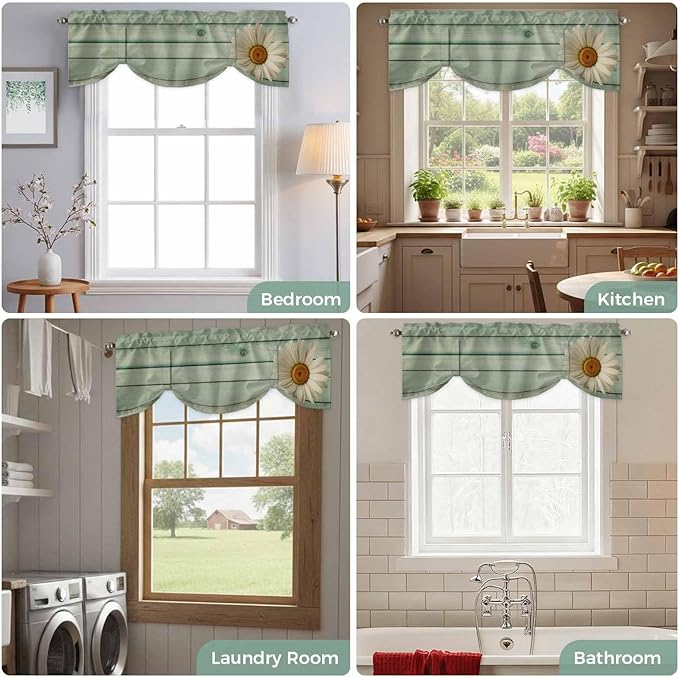 Daisy Flower Tie Up Valance Curtains for Windows, Kitchen Curtains Window Shades, Modern Art Floral Farmhouse Teal Wooden Grain Light Filtering Roman Curtain Valances for Bedroom/Bathroom/Cafe 42"x18"