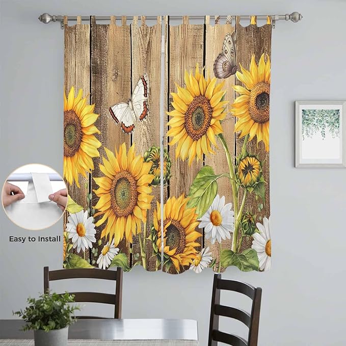 Farmhouse Sunflowers Living Room Curtains 84 Inch Length, Window Curtains Tab Top, Rustic Floral Buttterfly Wood Board Brown Light Filtering Window Treatments Drapes 52"x84" 2 Panel