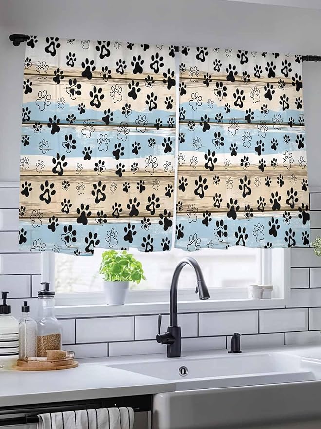 Sheer Curtains 45 Inch Length, Blue Dog Paw Print Semi Sheer Curtains Light Filtering Window Treatment, Vintage Farmhouse Rustic Wooden Grain Privacy Voile Drapes for Living Room Bedroom 52x45 Inch