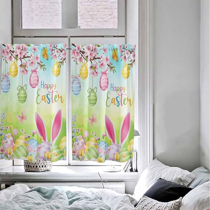 Easter Tier Curtains 45 Inches Long, Spring Bunny Colorful Rabbit Eggs Butterfly Blue Green Window Treatment Curtain Drapes, Window Half Privacy Curtains for Bedroom Bathroom, 42"x45", 2 Panels