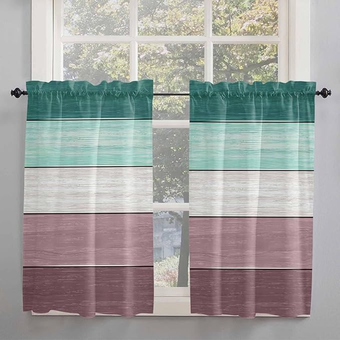 Retro Farm Woodcuts Texture Window Valance Curtains, Green Brown Gradient Light Filtering Kitchen Valance with 3-inch Rod Pocket for Living Room Bathroom Bedroom,2 Panel,52x45In