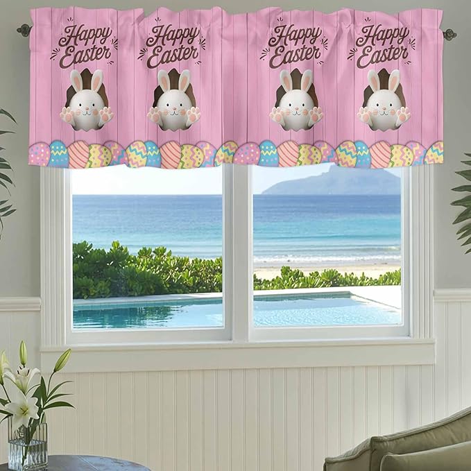 Pink Easter Curtain Valances for Windows, Kitchen Valance Window Treatment, Easter Bunny Eggs Spring Cartoon Farmhouse Wood Grain Light Filter Block Curtains for Bathroom/Bedroom/Living Room 60''x18''