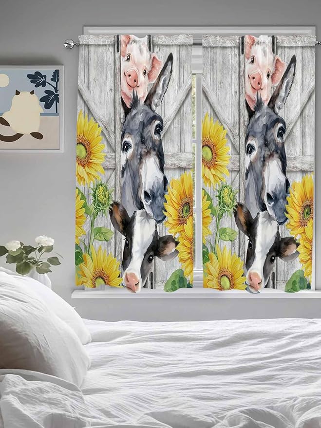Farmhouse Bedroom Curtains 63 Inches length, Watercolor Sunflowers Animals Printed Wood Grain Window Treatment Curtain Drapes, Rod Pocket Curtain Panels for Living Room Kitchen, 42"x63", 2 Panels