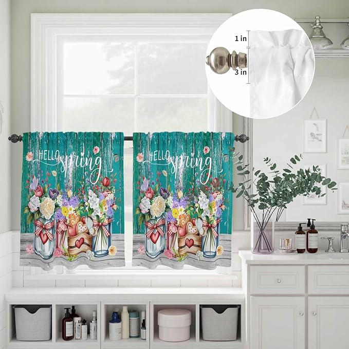 Spring Flowers Kitchen Curtains Set 3 Piece for Windows, Rod Pocket Valance and Tier Set 36 Inch Length, Farmhouse Watercolor Teal Wood Grain Light Filtering Cafe Curtains for Living Room Bathroom