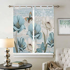 Spring Floral Bathroom Curtains 63 Inch Length, Window Curtains Tab Top, Vintage Tulips Flower Butterfly Retro Wood Blue Light Filtering Window Treatments Drapes 52"x63" 2 Panel