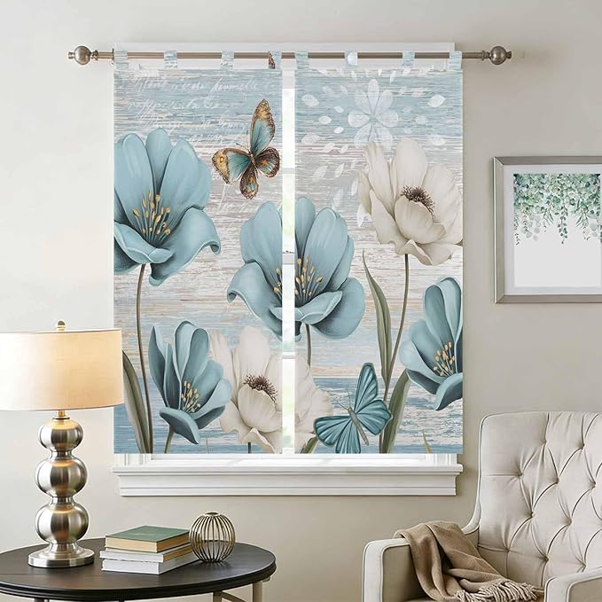 Spring Floral Living Room Curtains 84 Inch Length, Window Curtains Tab Top, Vintage Tulips Flower Butterfly Retro Wood Blue Light Filtering Window Treatments Drapes 42"x84" 2 Panel
