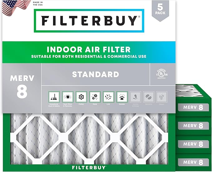 Filterbuy 10x10x2 Air Filter MERV 8 Essential Dust & Allergy Defense (5-Pack), Electrostatic Pleated HVAC AC Furnace Filters Replacement, Made in USA (Actual Size: 9.50 x 9.50 x 1.75)