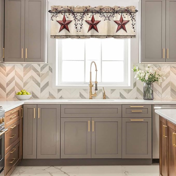 Farmhouse American Valances for Windows, Country Star Berries Vintage Wood Grain Kitchen Valance Light Filtering Rod Pocket Short Curtains for Kitchen Bathroom, 1 Panel, 60"x18"