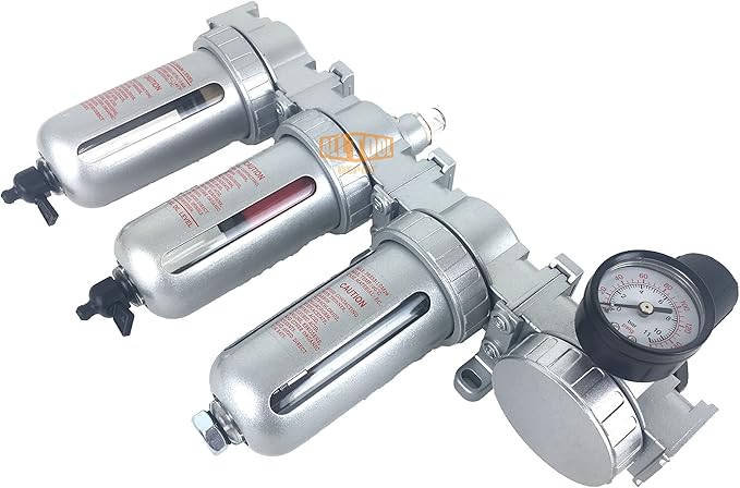 1/4" NPT MID FLOW 4 Stages Filter Coalescing Desiccant Dryer Regulator System For Compressed Air Lines, Poly Bowls, Great For Paint Spray And Plasma Cutter (MANUAL DRAIN)