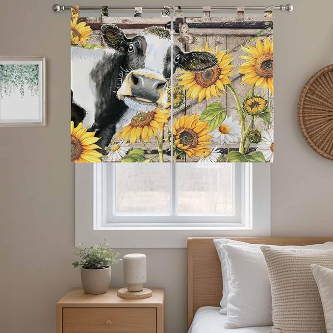 Retro Farmhouse Flower Bedroom Curtains 63 Inch Length, Window Curtains Tab Top, Yellow Sunflowers Cow Barn Doors Brown Light Filtering Window Treatments Drapes 42"x63" 2 Panel