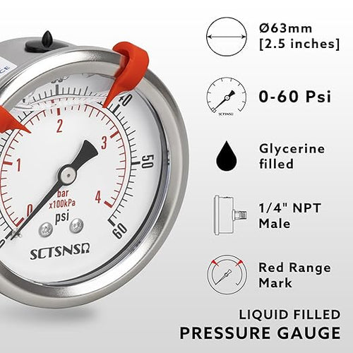 0 to 60 Psi Pressure Gauge, Glycerin Liquid Filled, 2.5 inch Dial, 1/4" NPT Back Mount, Stainless Steel Case, for Swimming Pool Sand Filter, Water Pump, Regulator, Air, Oil, Low Pressure Test