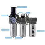 3/4 Inch NPT Industrial Grade Three Stage Air Drying System, Particulate Filter, Coalescing Filter, Desiccant Dryer and Air Regulator, 0-240 PSI, Semi-Auto Drain
