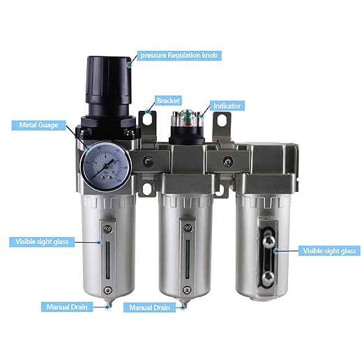 3/4 Inch NPT Industrial Grade Three Stage Air Drying System, Particulate Filter, Coalescing Filter, Desiccant Dryer and Air Regulator, 0-240 PSI, Semi-Auto Drain