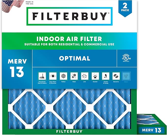 Filterbuy 22x22x1 Air Filter MERV 13 Optimal Smoke & Allergy Defense (2-Pack), Electrostatic Pleated HVAC AC Furnace Filters Replacement, Made in USA (Actual Size: 21.50 x 21.50 x 0.75)