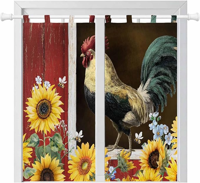 Chicken Sunflowers Bedroom Curtains 72 Inch Length, Window Curtains Tab Top, Farmhouse Animals Red Barn Bees Light Filtering Window Treatments Drapes 52"x72" 2 Panel