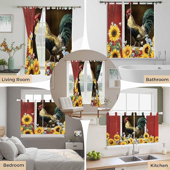 Chicken Sunflowers Bedroom Curtains 63 Inch Length, Window Curtains Tab Top, Farmhouse Animals Red Barn Bees Light Filtering Window Treatments Drapes 42"x63" 2 Panel
