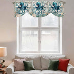 Sea Octopus Ocean Starfish Tie Up Valance Curtains,Nautical Anchor Vintage Wood Grain Kitchen Light Filtering Window Treatments with 3-inch Rod Pocket for Living Room,Bedroom,54x18In