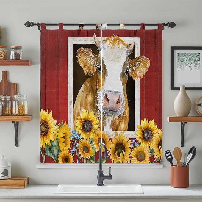 Cows Sunflowers Living Room Curtains 84 Inch Length, Window Curtains Tab Top, Spring Floral Bees Farmhouse Barn Light Filtering Window Treatments Drapes 42"x84" 2 Panel
