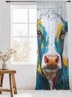 Sheer Curtains 84 Inches Long, Rustic Cow Semi Sheer Curtains Light Filtering Window Treatment, Vintage Colorful Animals Art Wooden Grain Privacy Voile Drapes for Living Room Bedroom 52x84 Inch