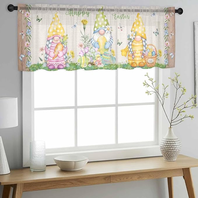 Easter Sheer Valances for Windows 60"x18", Light Filtering Kitchen Curtains Valance, Rustic Gnomes Duck Floral Colorful Eggs Wooden Grain Rod Pocket Chiffon Curtains for Living Room Bedroom Cafe