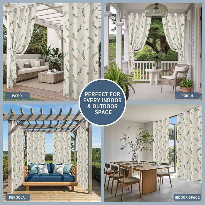 Leaf Outdoor Curtains for Patio Summer Jugal Leaves Pastoral Plant Linen Waterproof Outside Curtains with Grommet Top Weatherproof Curtain for Cabana Pergola Gazebo, 1 Panel, 54" W x 108" L