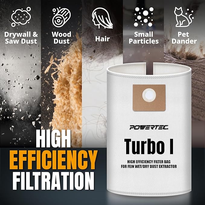 POWERTEC Turbo I, 9-20-27 Fleece Filter Bags 10PK, for Fein Dustex 25 L Wet/Dry Dust Extractor, for Fein 31345061010 Shop Vacuum Replacement Bags, Filter Bags, Dust Bags (75041-P2)