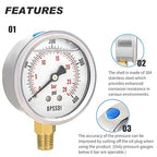 0-400 Psi Glycerin Liquid Filled Pressure Gauge, 2.5" Dial Size, 1/4" NPT Lower Mount, 304 Stainless Steel Case, for Pool Pump Sand Filter Air Compressor, Water Oil Air Pressure Test